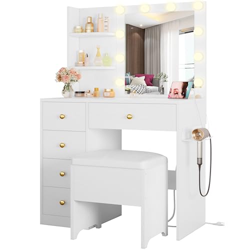IRONCK Vanity Desk with Mirror and Lights, White