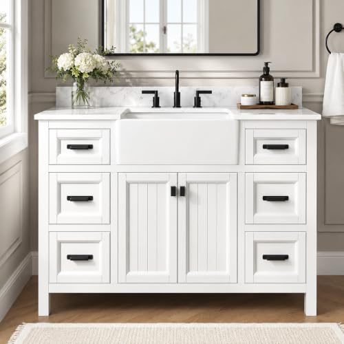 DELUXE LIVING 48 Inch White Bathroom Vanity with Sink, Farmhouse Bathroom Sink Cabinet with Soft Closing Doors & Dovetail Drawers, Single Apron Farm Sink, No Assembly Required
