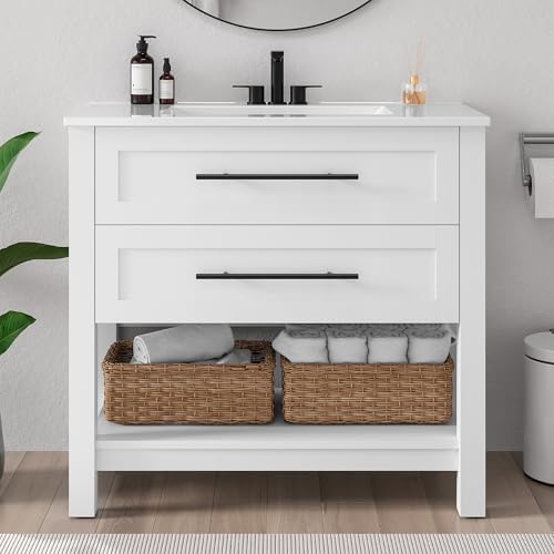 LIKIMIO 36" Bathroom Vanity with Sink, Freestanding Bathroom Vanity with 2 U-Shaped Drawers & Open Shelf, Integrated Ceramic Sink, Modern Bathroom Storage Cabinet, Easy Assembly, White