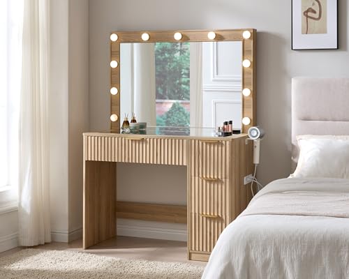 AMERLIFE 36.2" Fluted Vanity Desk with Large Mirror and Lights, Natural Oak