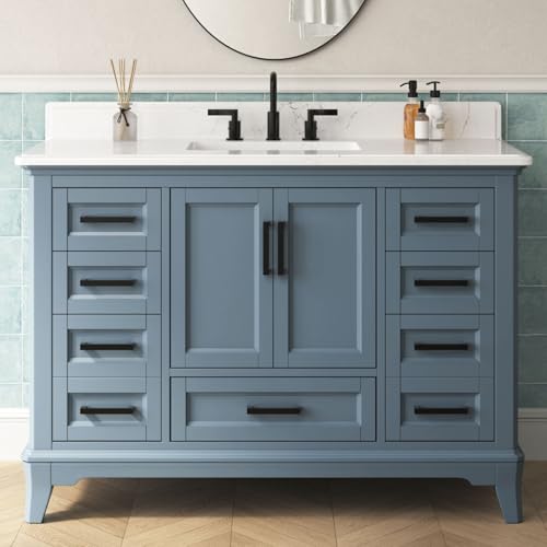 DELUXE LIVING 48 Inch Bathroom Vanity with Sink, Modern Steel Blue Bathroom Vanities with Soft Closing Doors & Dovetail Drawers, Quartz Countertop, No Assembly Required