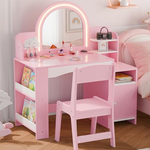 MU Kids Vanity with Lights, Girls Vanity Table and Chair Set with Lighted Mirror, Storage Cabinet, Bookshelf & Shelves, Toddler Makeup Vanity Set for Little Girls, Pink