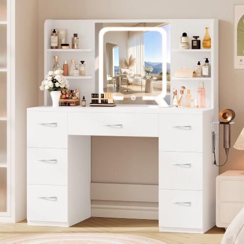 LIVELYGLOW 43" Large Makeup Vanity Desk with Smart LED Mirror and Charging Station, Professional Bedroom Dressing Table with 7 Drawers, 4 Storage Shelves & Hairdryer Holder, White