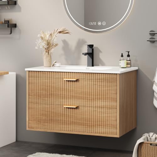 Vabches 24 Inch Bathroom Vanity with Sink, Wood Grain Wall Mounted Vanity with 2 Storage Darwers, Floating Bathroom Vanity with Storage, Bathroom Floating Vanity with Sink, Oak