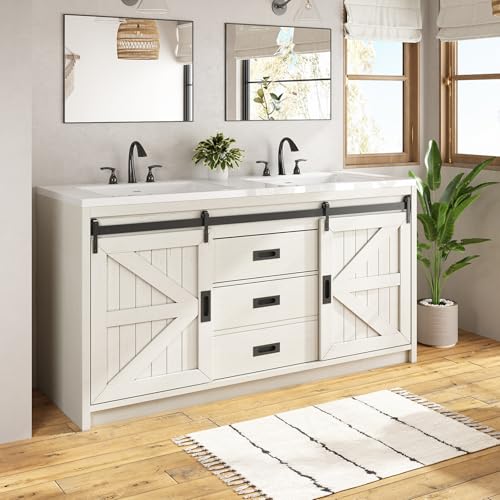 LUXOAK LUXOAK 61" Farmhouse Double Bathroom Vanity with Sliding Barn D — Build quality and design details up close