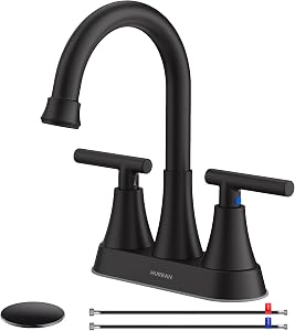 Bathroom Faucets for Sink 3 Hole, Hurran 4 inch Matte Black with Pop-up Drain and 2 Supply