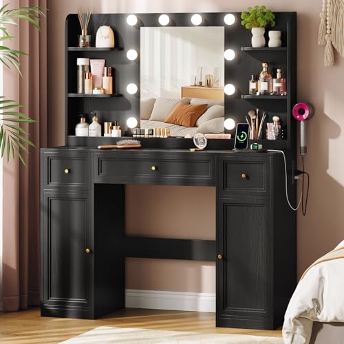 Memobarco Large Vanity Desk with Mirror and Lights, Makeup Vanity with Power Outlets, 3 Drawers and 2 Large Cabinets, 3 Lighting Modes Adjustable Brightness, Dressing Table for Women Girls, Black