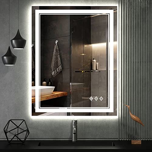 VanPokins LED Bathroom Mirror, 24x32 Inch Gradient Front and Backlit Vanity Mirror with Lights, 3 Colors Dimmable CRI>90, IP54 Enhanced Anti-Fog, Hanging Plates Bathroom Mirror with Lights