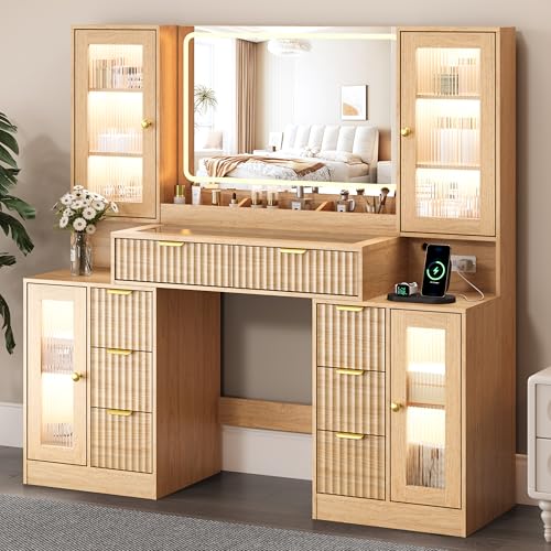 ANYMAPLE 55" Vanity Desk with Mirror & Lights, Fluted Makeup Vanity with 8 Drawers & 4 Cabinets, Tempered Glass Top, RGB Cabinet Lighting, 3-Color Dimmable Mirror, and Charging Station