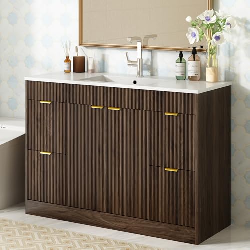 CARPETNAL 48 Inch Bathroom Vanity with Sink, Modern Fluted Bathroom Vanity with Sink with Storage Cabinet, Adjustable Shelf and 2 Soft Closing Doors & 4 Drawers, Walnut