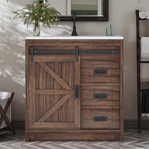 LUXOAK LUXOAK 30" Farmhouse Sliding Barn Door Vanity with Sink Cabinet — Design and materials in detail