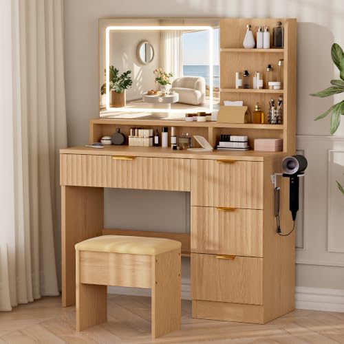 LIVELYGLOW LIVELYGLOW 35.4" Wooden Makeup Vanity Set with Charging Sta — Build quality and design details up close