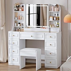 Arulvmrn 43" Makeup Vanity Desk with Mirror and Lights, & Power Outl, Glass Top B