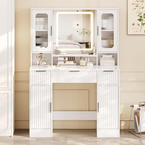 Fancihabor Vanity Desk with LED Lighted Mirror， 4 Storage Cabinets Dra — Build quality and design details up close