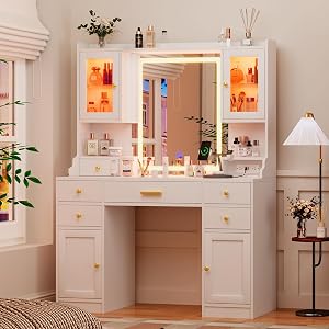 White Makeup Vanity Desk with Mirror and Lights, Large Vanity Table Set with Charging Stat