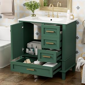 30 Inch Green Single Sink Bathroom Vanity, Solid Wood Cabinet with Integrated Sink and Cou