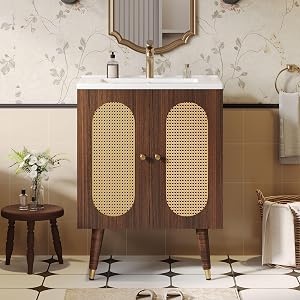 DWVO 24 Inch Rattan Vanity with Sink, Small Freestanding Bathroom Vanity Cabinet, Boho Sty