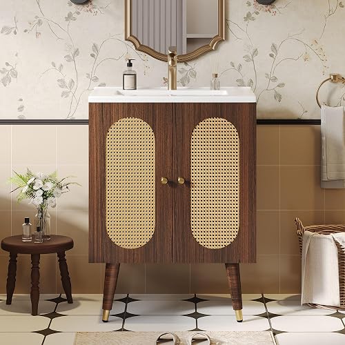 DWVO 24 Inch Rattan Vanity with Sink, Small Freestanding Bathroom Vani — Build quality and design details up close