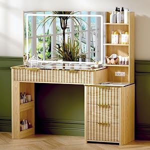 GRUTEUNIT 51" Vanity Desk with Power Outlet, Makeup Vanity with Mirror and Lights, 3 