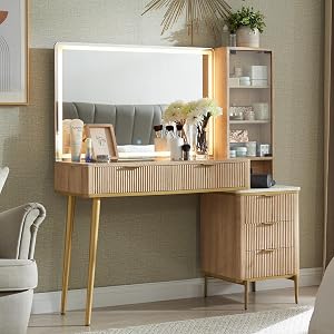 T4TREAM Fluted Makeup Vanity Desk with 36" HD Lighted Mirror, 48" Big Modern Van