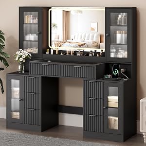 ANYMAPLE 55" Vanity Desk with Mirror & Lights, Fluted Makeup Vanity with 8 Drawer