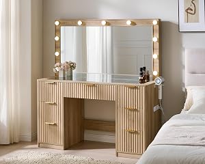 AMERLIFE 47.2" Fluted Vanity Desk with Large Mirror and Adjustable LED Lights, 7 Draw