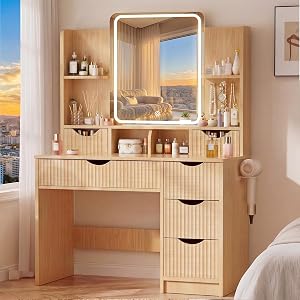 Vanity Desk with Mirror and Lights, Makeup Vanity Table with Large 6 Drawers Modern Fluted