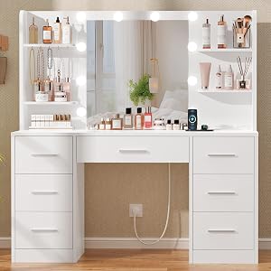 Quimoo Large Vanity Desk with LED Lighted Mirror & Power Outlet,Makeup Vanity Table wi