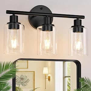 Zarbitta 3-Light Bathroom Light Fixtures, 17.23" Black Modern Vanity Lights with Clea