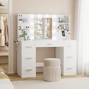 YESHOMY Vanity Desk with Mirror, Power Outlet and 10 Lights, Makeup Table with 7 Drawers, 
