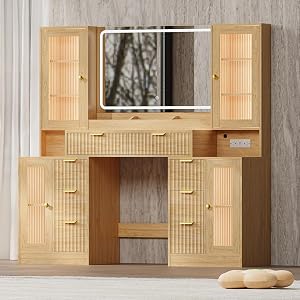 Fluted Makeup Vanity Desk with Mirror and Lights, 55" Glass Top Vanity with 8 Drawers